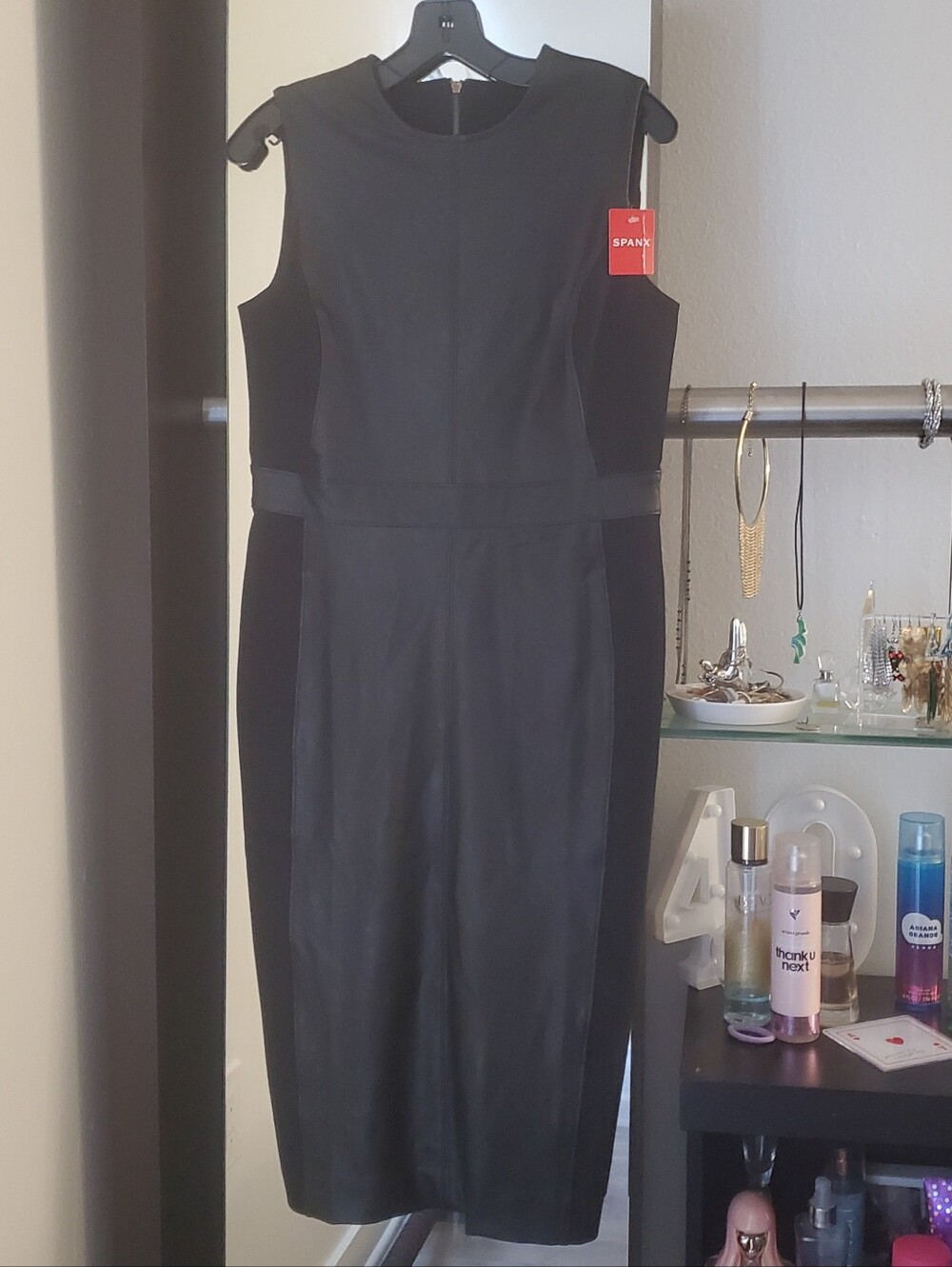 SPANX NWT Leather Like Mixed Media Combo Bodycon Pencil Dress Size M - Picture 2 of 8